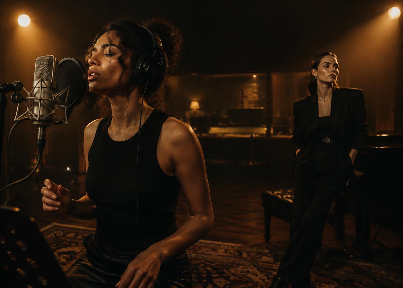 Singer recording with a fashion creative in a studio